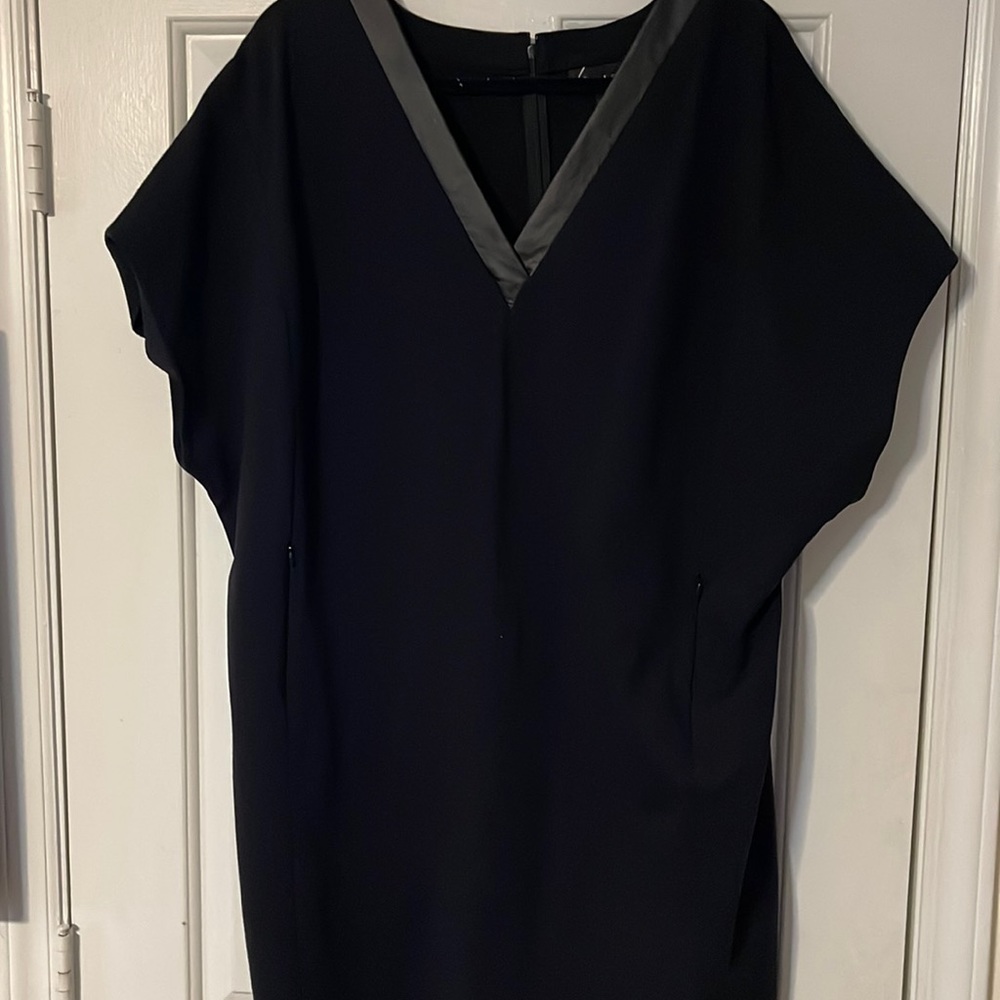 🖤 Black Dolman Sleeve Sheath Dress V Neck Faux Leather strips14/16